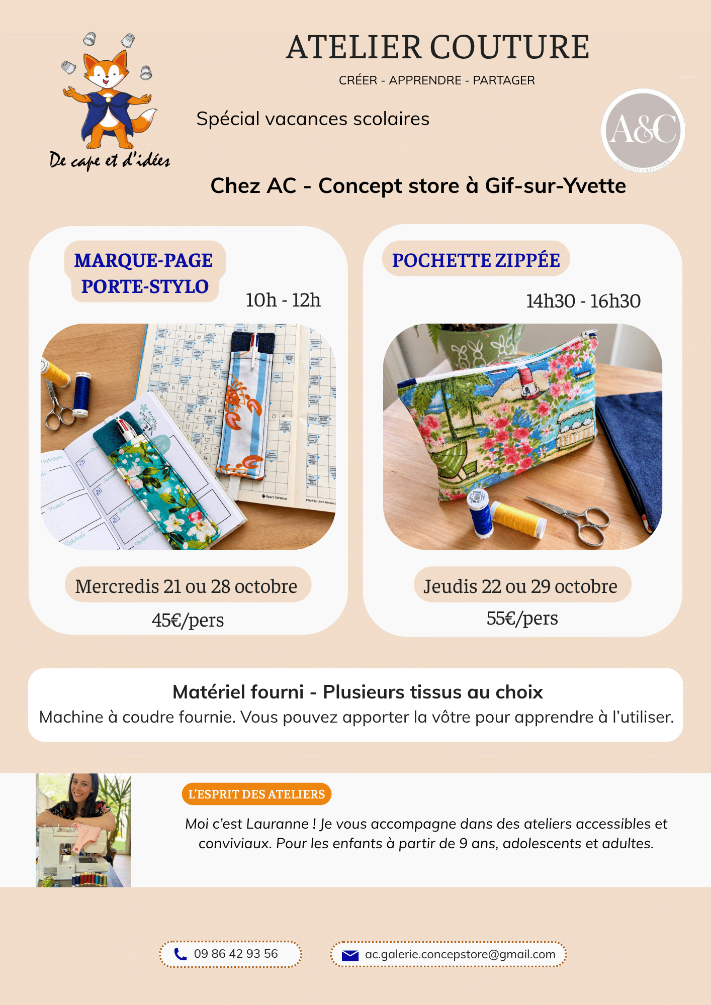 atelier couture pochette zippée et débutant chez Cécile à gif sur Yvette